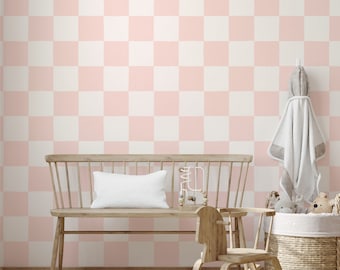 Pink checkered wallpaper, peel and stick wallpaper with checkerboard in pink and white, pink nursery wallpaper, removable renters wallpaper
