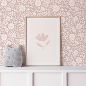 Pink Peel and stick wallpaper with white flowers, pink floral wallpaper for baby girl nursery, French country style girl bedroom wallpaper