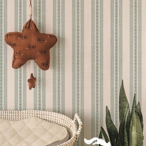Cottagecore wallpaper sage green stripes, light green boho wallpaper peel and stick, linen textured wallpaper for baby boy nursery walls