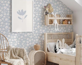 Light blue floral wallpaper, removable wallpaper for nursery, pastel blue kids room floral wallpaper, peel and stick wallpaper for renters