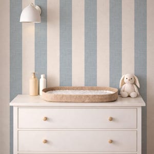 May include: A white dresser with three drawers, a changing pad, and a stuffed bunny. The dresser has wooden knobs and a logo that says "little forest KIDS". The background is striped in light blue and white.