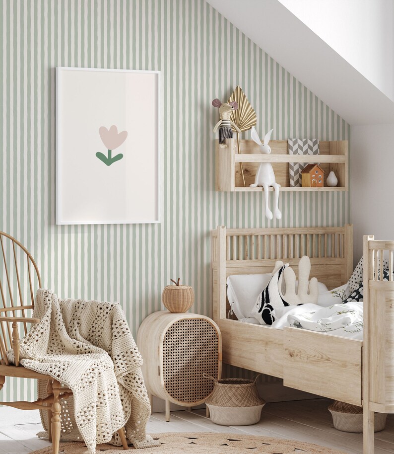 Stripe Wallpaper Removable Wall Decor Nursery Wallpaper Hand-drawn Stripes Green Kids Room Wall ...