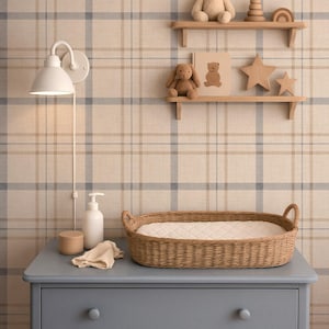 May include: A nursery scene with a gray dresser, a woven changing basket, and wooden shelves. The shelves hold a teddy bear, a bunny, a book, and wooden stars. A white wall lamp and a bottle of lotion are also visible.