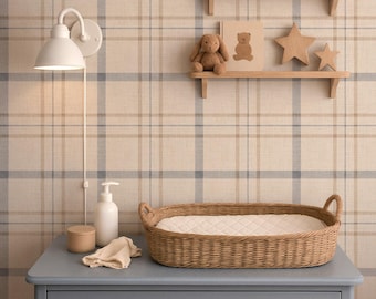 Neutral Tan and Blue Plaid Wallpaper | Linen Look Checks | Farmhouse Nursery and Bedroom Wallpaper, Removable Peel and Stick or Pre-pasted