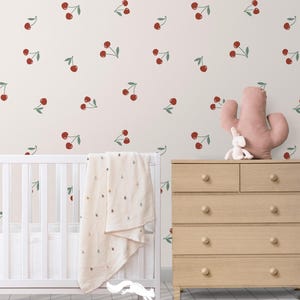 Red cherry wallpaper for baby nursery walls, coquette peel and stick wallpaper red cherries cute kids room retro cherry removable wallpaper