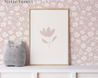 Baby girl nursery wallpaper in dusty pink - pink boho style floral wallpaper - cottagecore botanical bedroom wallpaper for girls - removable