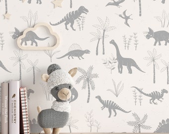 Playful grey dinosaur wallpaper for toddler boy bedroom, neutral wallpaper with cute dinosaurs, nursery and kids room dino print
