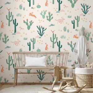 Playful desert wallpaper peel and stick for kids playroom, removable wallpaper desert animals and cacti, cute baby boy nursery wallpaper