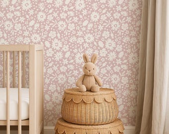 Pink Floral Wallpaper – Soft Textured Flower Design for Baby Girl Nursery or Kids Room - Peel and stick wallpaper