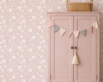 Vintage Pink floral wallpaper with white flowers for baby girl nursery, French country style girl bedroom wallpaper - removable wallpaper