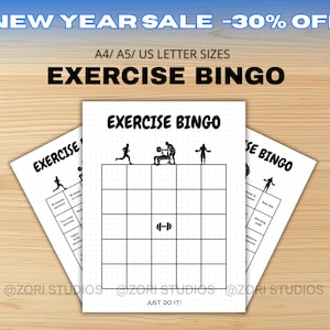 May include: Three white Exercise Bingo sheets with black text and illustrations, including the text "Exercise Bingo" and "Just Do It!". The top sheet has a grid with exercise-related icons. The top banner reads "New Year Sale -30% Off".