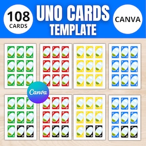 Puede incluir: Una plantilla para 108 cartas de Uno, con una variedad de cartas de colores con números y cartas de acción especiales. El diseño incluye el logotipo de Canva y las palabras "UNO CARDS TEMPLATE".