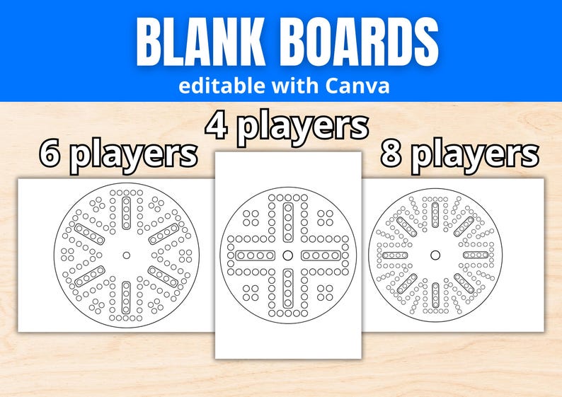 May include: Three blank board game designs for 4, 6, and 8 players. The boards are circular with a series of holes and lines, ready for game pieces. The text "BLANK BOARDS" and "editable with Canva" are at the top.