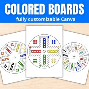 May include: Three white game boards with colorful circular designs. Each board features a central circle with colored spaces and lines, and the text "COLORED BOARDS fully customizable Canva" is at the top.
