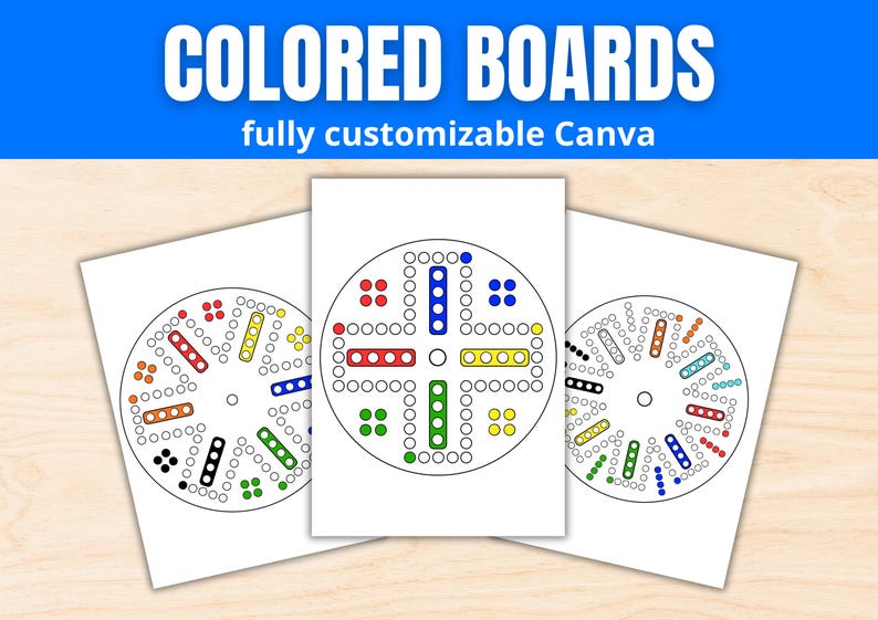 May include: Three white game boards with colorful circular designs. Each board features a central circle with colored spaces and lines, and the text "COLORED BOARDS fully customizable Canva" is at the top.