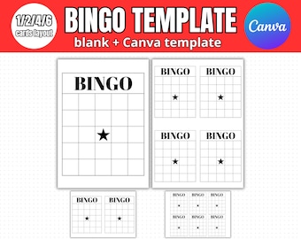 Edytowalny szablon bingo Canva, niestandardowe karty bingo 1–75, układ liter US 1 2 4 6 na stronę, personalizowane kolory i tekst