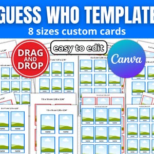 Può includere: Un modello per il gioco "Indovina chi" con il testo "GUESS WHO TEMPLATE" e "8 formati di carte personalizzate". Il design include più layout di carte con bordi blu, spazio per le immagini e la parola "name". Il logo Canva è visibile.