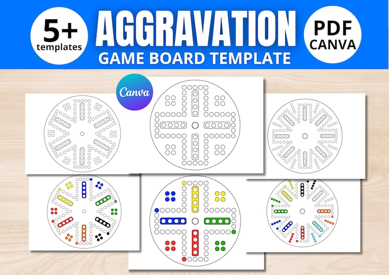 May include: A digital game board template for Aggravation, featuring a circular design with various color-coded sections and a central hole. The image includes the text "5+ templates" and "Aggravation Game Board Template". The design is available in PDF format and is compatible with Canva.