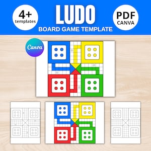以下が含まれることがあります： 青い背景と「LUDO BOARD GAME TEMPLATE」のテキストが入った、Ludoボードゲームテンプレート。ゲームボードは白で、色付きの正方形とサイコロのイラストがあります。「4+ templates」と「PDF CANVA」のテキストが含まれています。