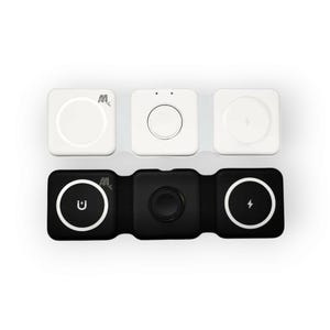 May include: Three white and three black square wireless charging pads. The white pads have a small circle in the center. The black pads have a larger circle in the center with a symbol inside. The symbol on the left pad is a U, the center pad is a circle, and the right pad is a lightning bolt.