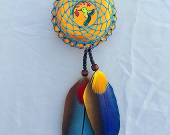 hand rattle - dream catcher fabric with feathers