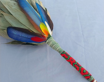 shakapa-chacapa ceremonial instrument - shipibo weaving in beads