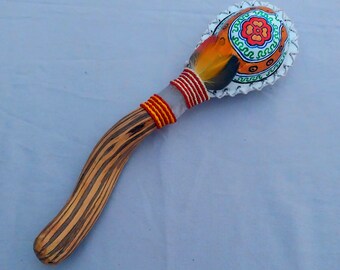 shamanic rattle in leather, ayahuasca stick and embedded crystal quartz