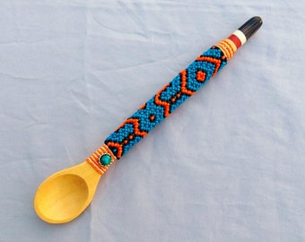 mambe spoon - capirona wood with shipibo beads inlaid with chonta and bone