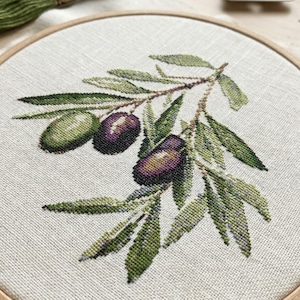 Plantilla digital de rama de olivo para punto de cruz / Proyectos de bricolaje con hojas de olivo botánico / Decoración europea para el hogar y las paredes, regalos y manualidades