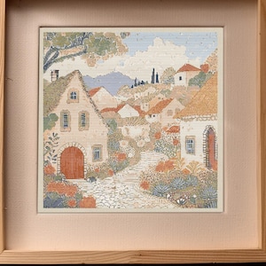 European Village Cross Stitch Pattern Digital Download | Pastel Embroidery Template | DIY Wall Decor