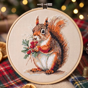 Christmas Squirrel Cross Stitch Pattern, Holiday Woodland PDF