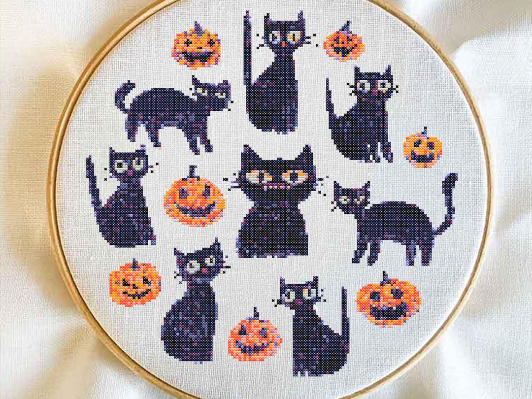 Black Cat Halloween Cross Stitch Template Download | Spooky Pumpkin ...