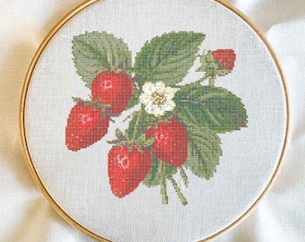 Patrón de punto de cruz de fresa en PDF – Diseño moderno de bordado de frutas botánicas – Arte de pared para cocina estilo cottagecore – Descarga instantánea