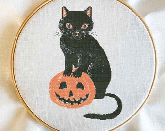 Black Cat on a Pumpkin Cross Stitch Template Download | Halloween DIY Wall Decor | Black Cat Embroidery Pattern