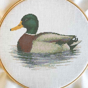 以下が含まれることがあります： 木製のフレームに入ったマガモのクロスステッチ刺繍。カモは緑色の頭、茶色の胸、灰と白の体を持っています。カモは水面に浮かんでおり、水とカモが水面に映っています。