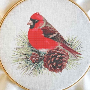 Descarga de plantilla de punto de cruz de cardenal / Descarga de patrón de bordado navideño de cardenal / Pájaro cardenal de invierno en rama de pino
