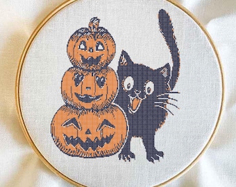Black Kitten with Pumpkins Cross Stitch Template Download | Halloween DIY Wall Decor | Black Cat Embroidery Pattern