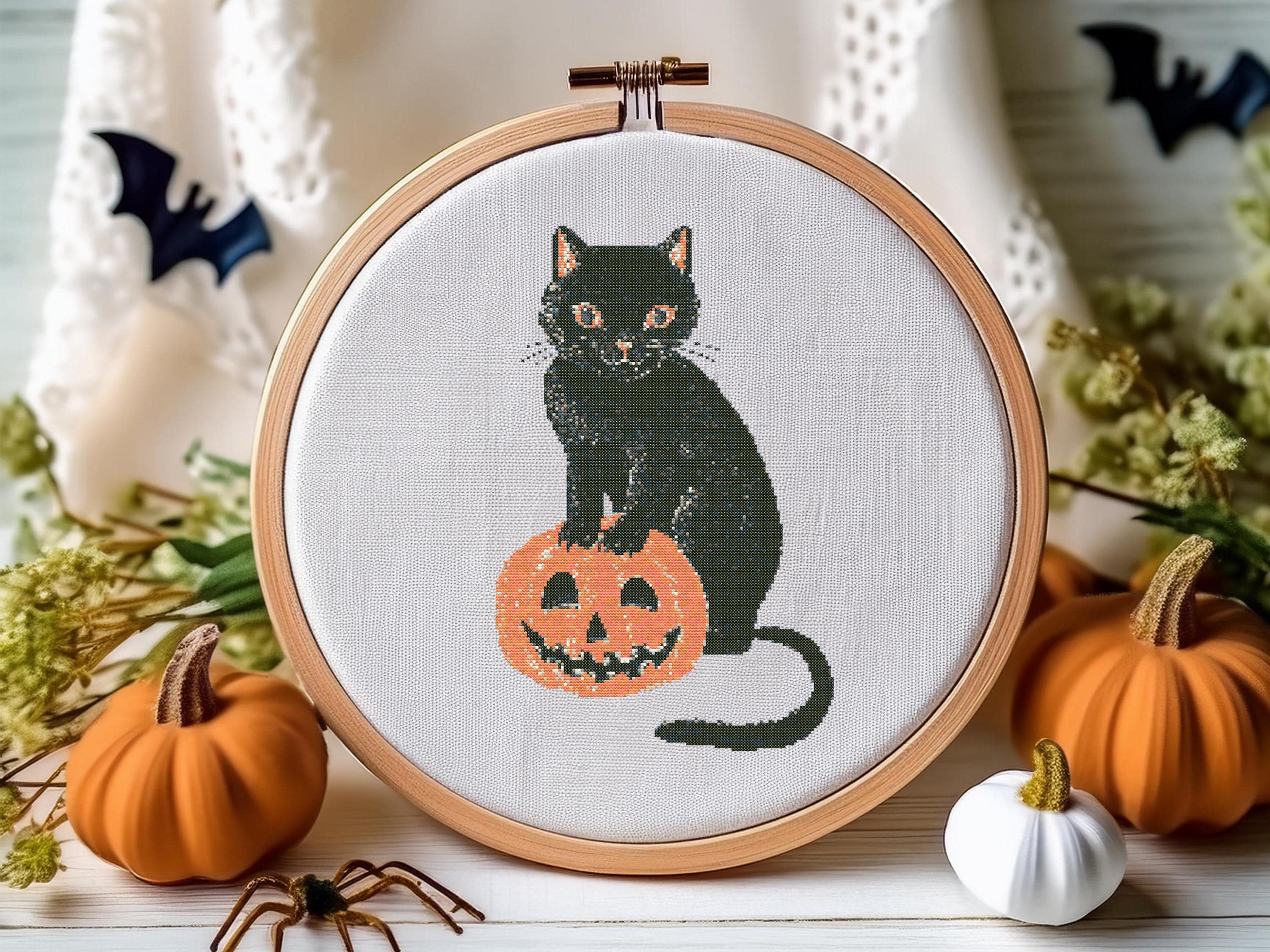 Black Cat on a Pumpkin Cross Stitch Template Download | Halloween DIY ...