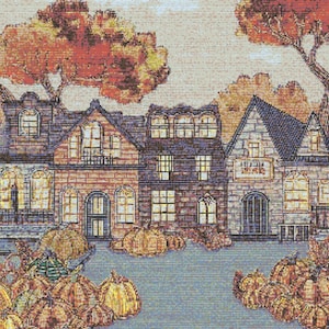 Halloween Village Cross Stitch Pattern Download | Vintage Autumnal town Filled with Pumpkins | Retro Fall Embroidery Template