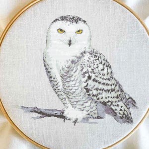 May include: A white snowy owl with yellow eyes perched on a branch. The owl has black and white markings on its feathers.