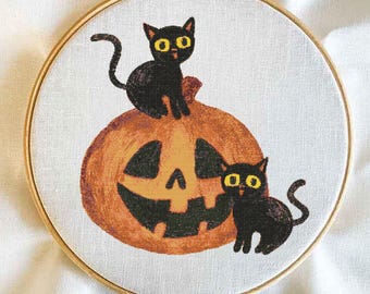 Black Kittens on a Pumpkin Cross Stitch Template Download | Halloween DIY Wall Decor | Black Cats Embroidery Pattern