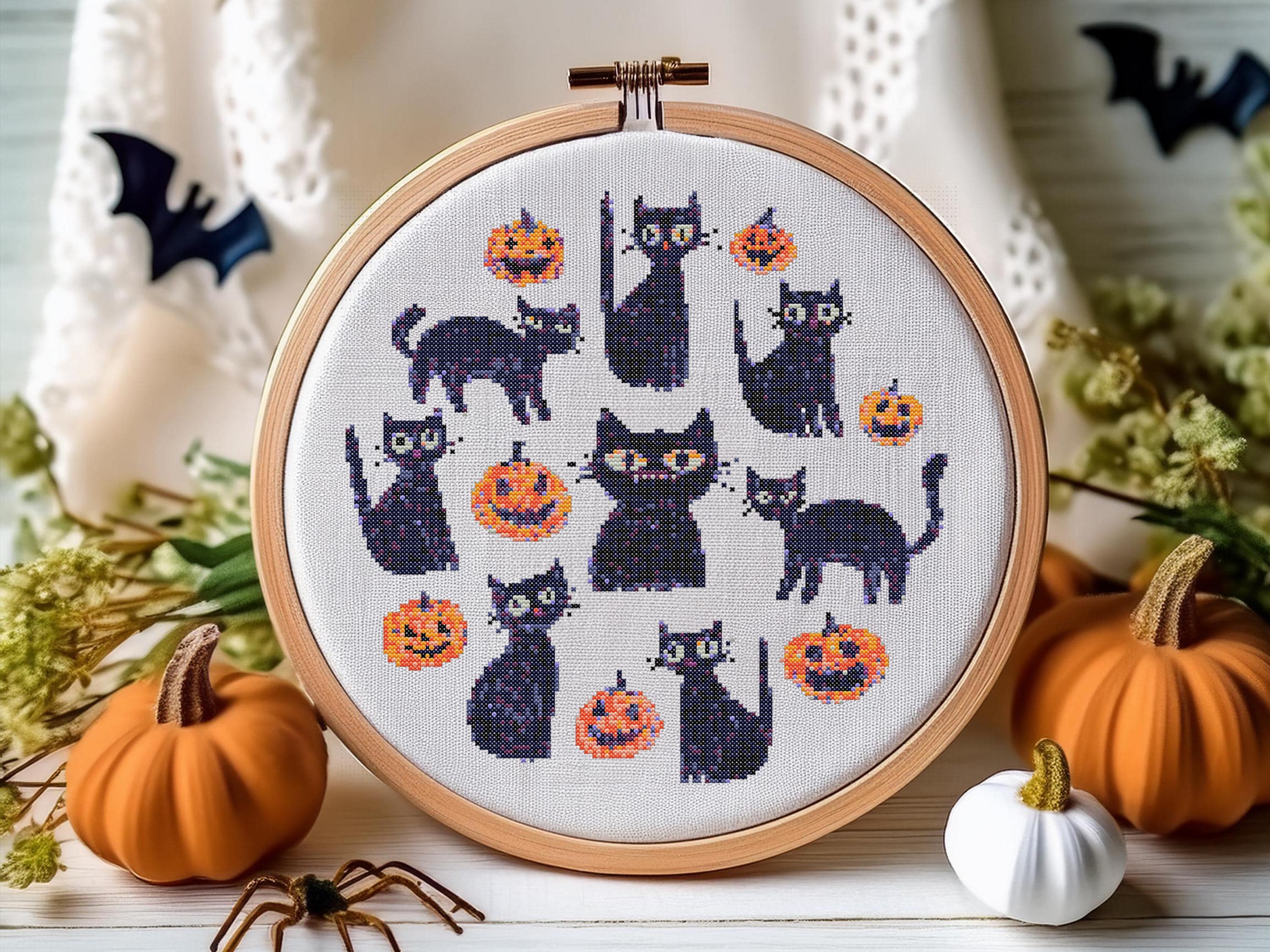 Black Cat Halloween Cross Stitch Template Download | Spooky Pumpkin ...