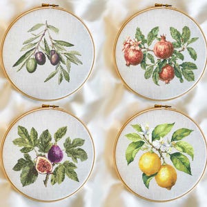 Puede incluir: Cuatro bastidores de bordado circulares de madera con tela de punto de cruz. Cada bastidor presenta una ilustración botánica: una con aceitunas, una con granadas, una con un higo cortado y una con limones y flores blancas sobre hojas.