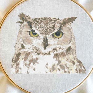 Great Horned Owl Cross Stitch Template | Brown Owl Embroidery Pattern | Bird Cross Stitch Kit DIY Download