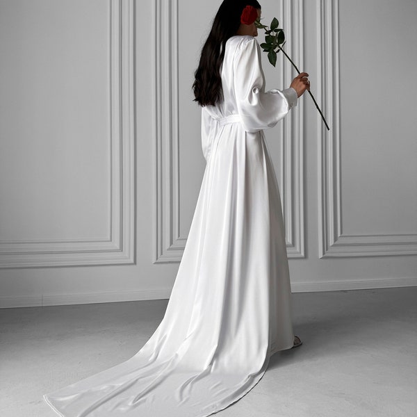 Bridal long silk robe with train | Extra long robe | Bridal morning robe for Brides | Wedding gift | Silk white robe