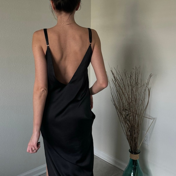 Silk Nightgown with Open Back | Backless Long Gown With Slit | Black Slip Dress | Bridal Morning Nightie | Bridesmaid Silk Gown