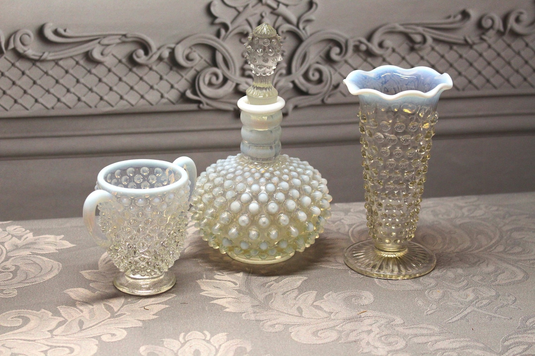 Set of Vintage Fenton White Glass Opalescent Moonstone Hobnail Bottle ...
