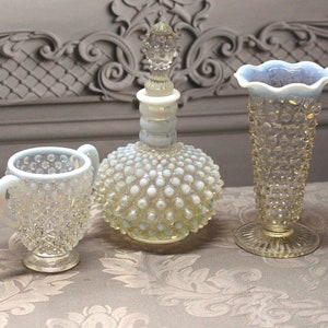 Set of Vintage Fenton White Glass Opalescent Moonstone Hobnail  Bottle & Stopper, Vase and Toothpick Holder