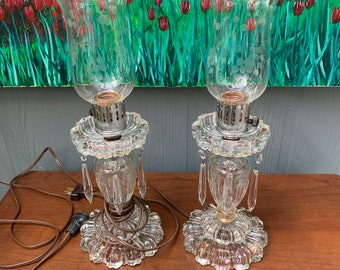 Rare find 1950's, crystal and cut glass with Etched Shade, Hollywood Style lamp with Icicle Dangling Crystals