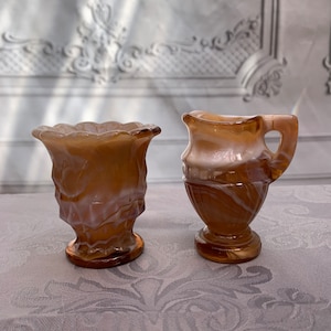 Vintage Imperial Carmel Slag Glass Mini Pitcher and Toothpick Holder